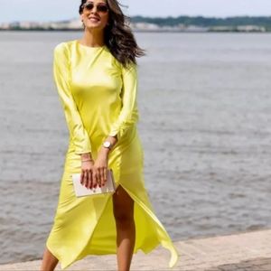 Express Satin Long Sleeve Asymmetrical Hem Maxi Dress